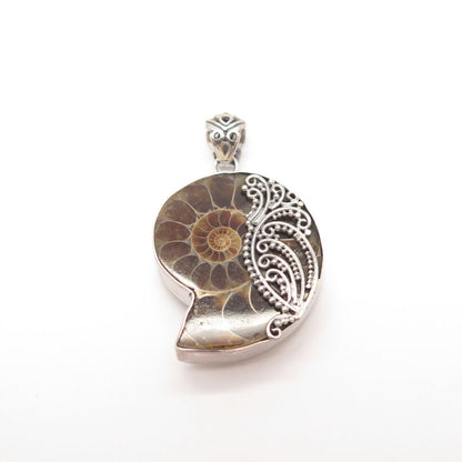 925 Sterling Silver Vintage Real Fossil Ornate Snail Pendant