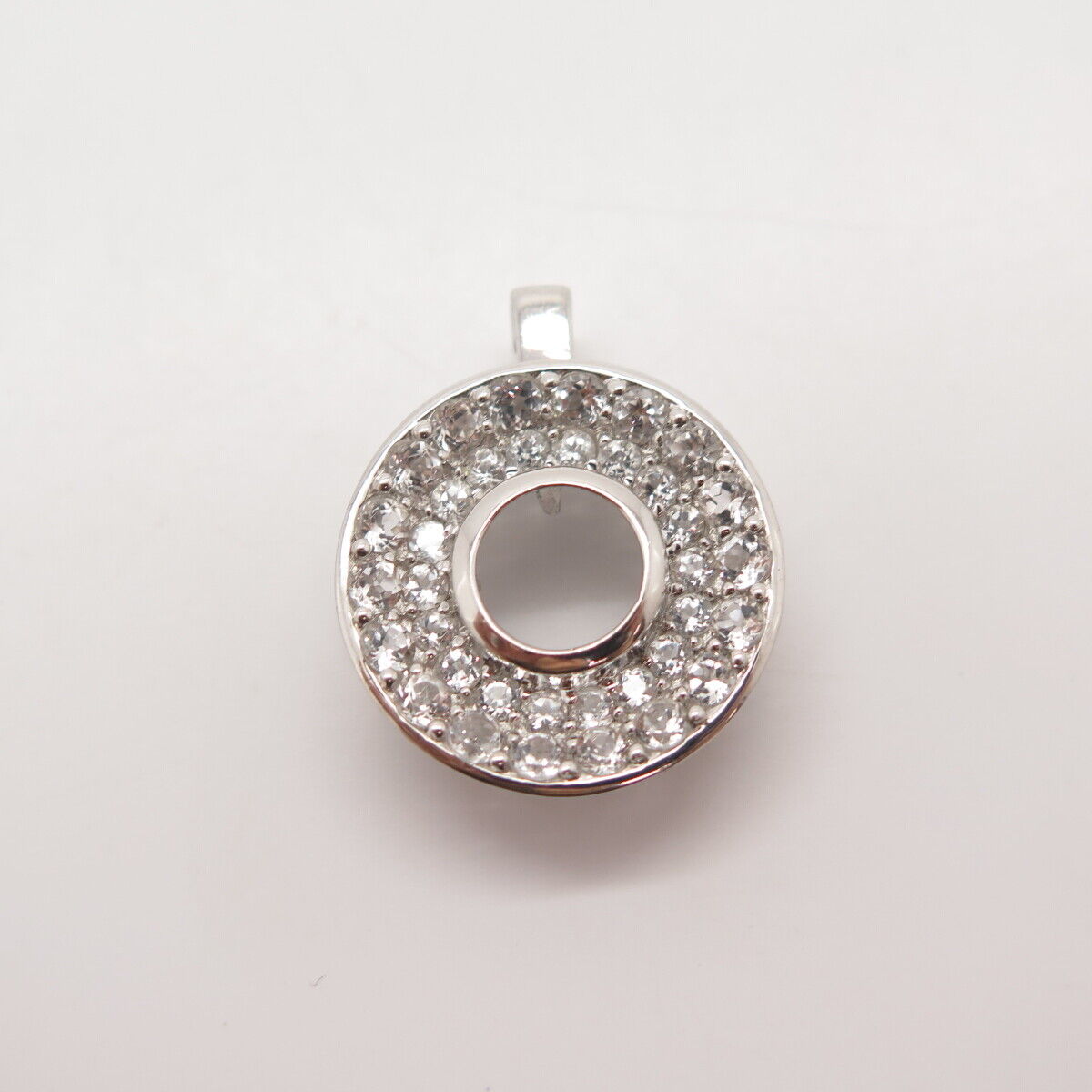 925 Sterling Silver Real White Topaz Gem Open Round Pendant