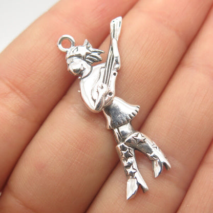 925 Sterling Silver Vintage Rock Star Girl w/ Guitar Pendant