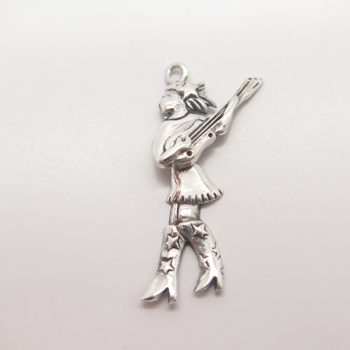 925 Sterling Silver Vintage Rock Star Girl w/ Guitar Pendant