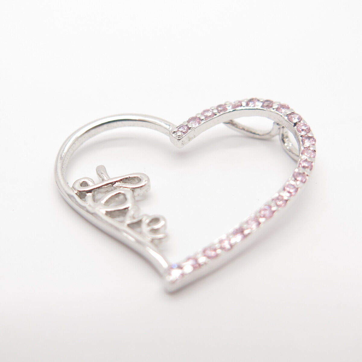 925 Sterling Silver Vintage Pink-Tone C Z "Love" Open Heart Slide Pendant