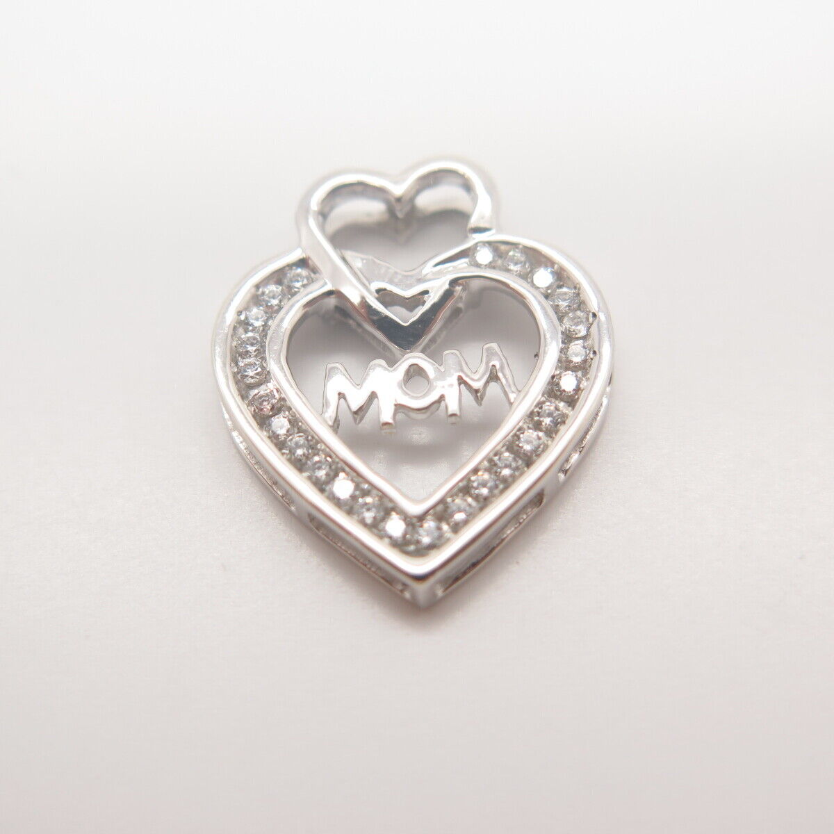 925 Sterling Silver Vintage Pave C Z "Mom" Double Heart Slide Pendant