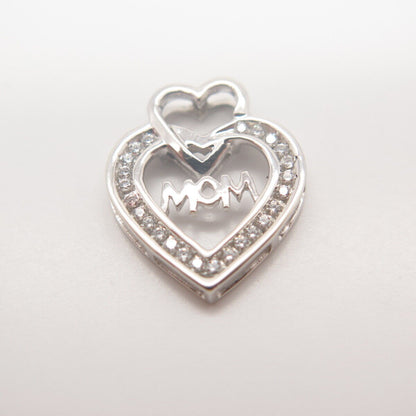 925 Sterling Silver Vintage Pave C Z "Mom" Double Heart Slide Pendant