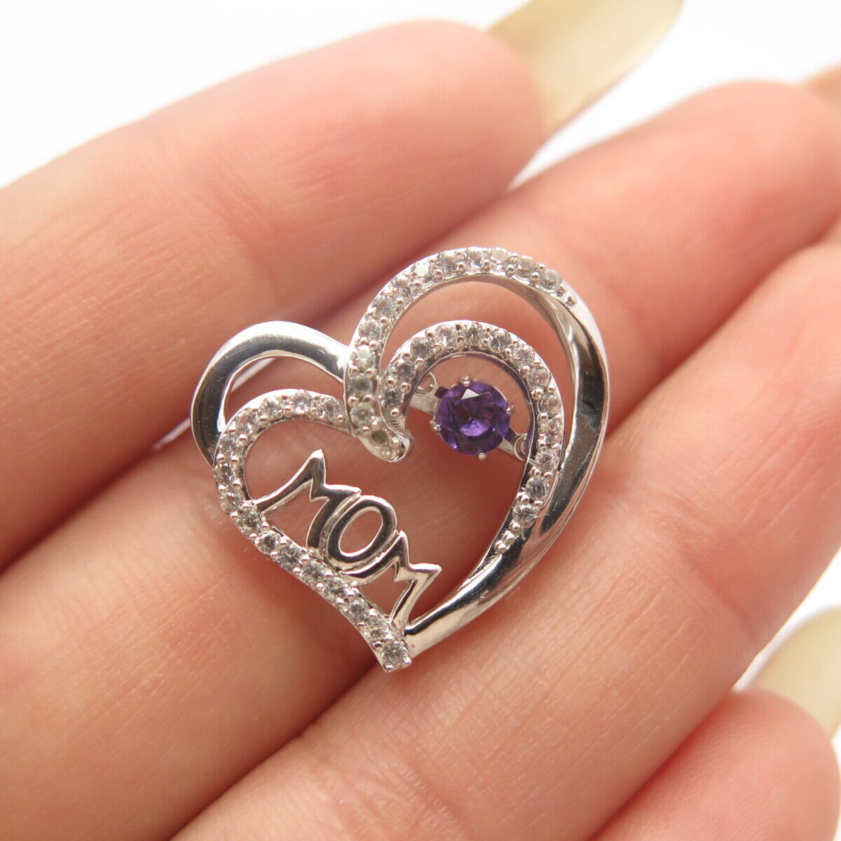 925 Sterling Silver White & Amethyst-Tone C Z "Mom" Heart Slide Pendant