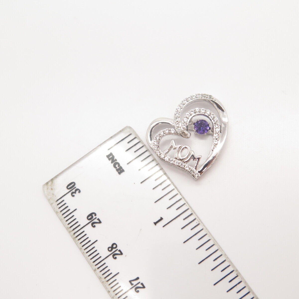 925 Sterling Silver White & Amethyst-Tone C Z "Mom" Heart Slide Pendant