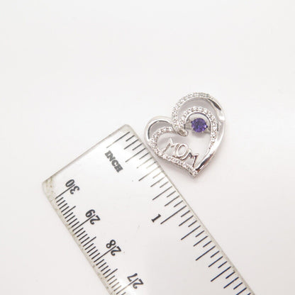 925 Sterling Silver White & Amethyst-Tone C Z "Mom" Heart Slide Pendant