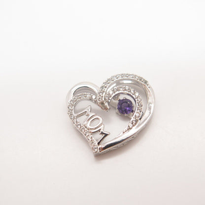 925 Sterling Silver White & Amethyst-Tone C Z "Mom" Heart Slide Pendant