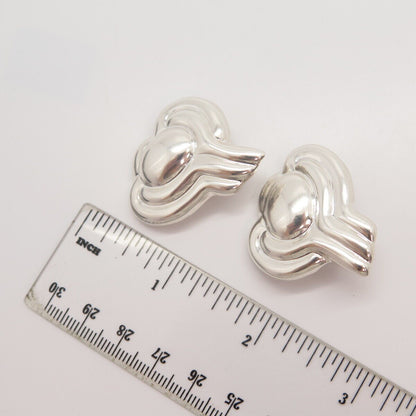 925 Sterling Silver Vintage Mexico Modernist Ribbed Clip On Earrings