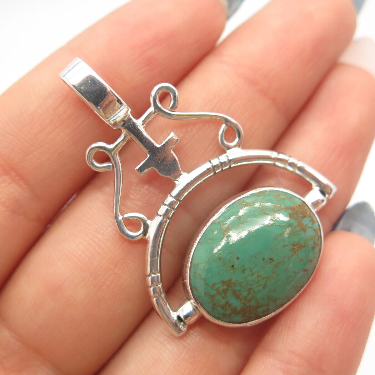 925 Sterling Silver Vintage Real Green Turquoise Gem Tribal Pendant