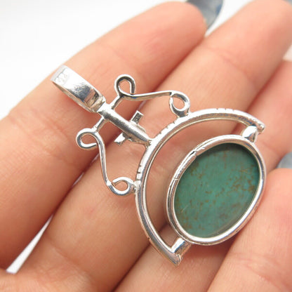 925 Sterling Silver Vintage Real Green Turquoise Gem Tribal Pendant