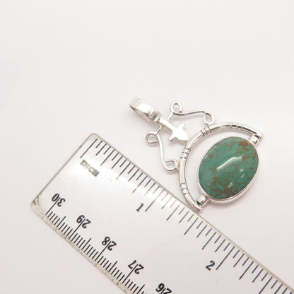 925 Sterling Silver Vintage Real Green Turquoise Gem Tribal Pendant