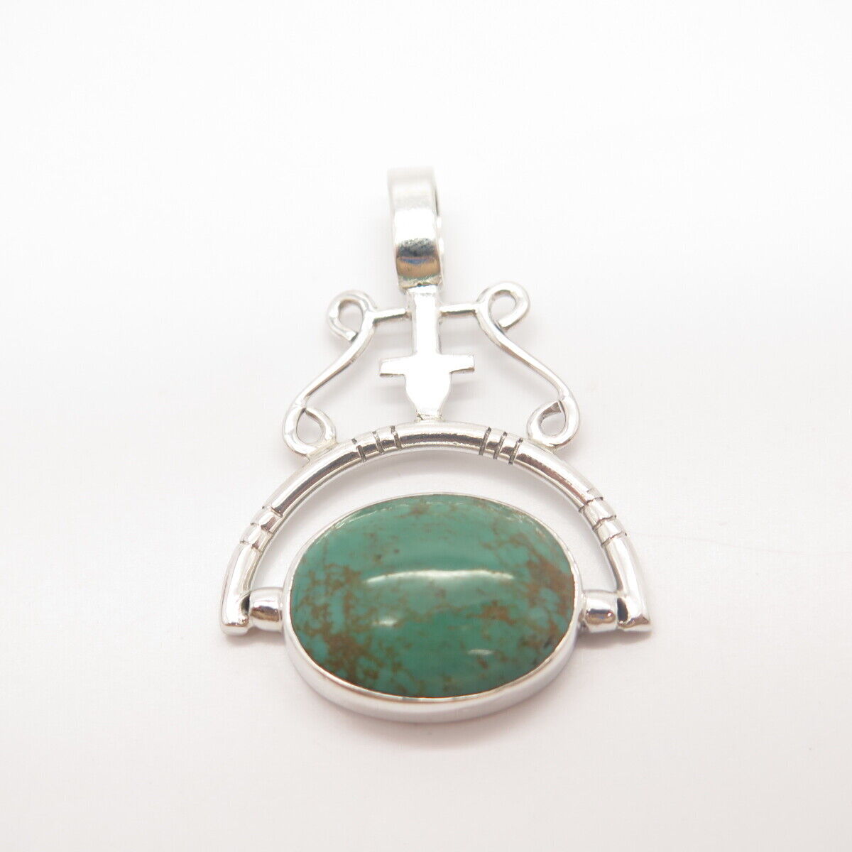 925 Sterling Silver Vintage Real Green Turquoise Gem Tribal Pendant