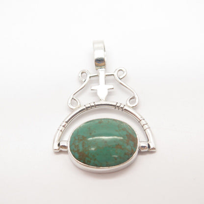 925 Sterling Silver Vintage Real Green Turquoise Gem Tribal Pendant