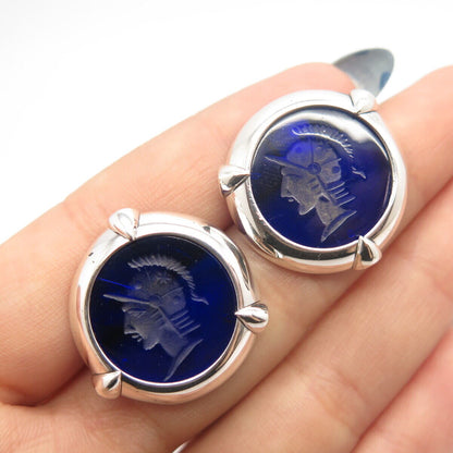 925 Sterling Silver Vintage Blue Glass Roman Soldier Earrings