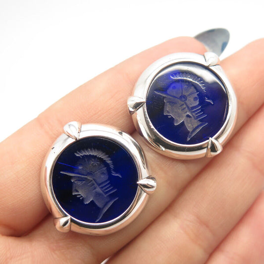 925 Sterling Silver Vintage Blue Glass Roman Soldier Earrings