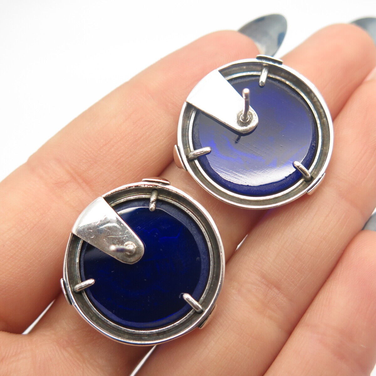 925 Sterling Silver Vintage Blue Glass Roman Soldier Earrings