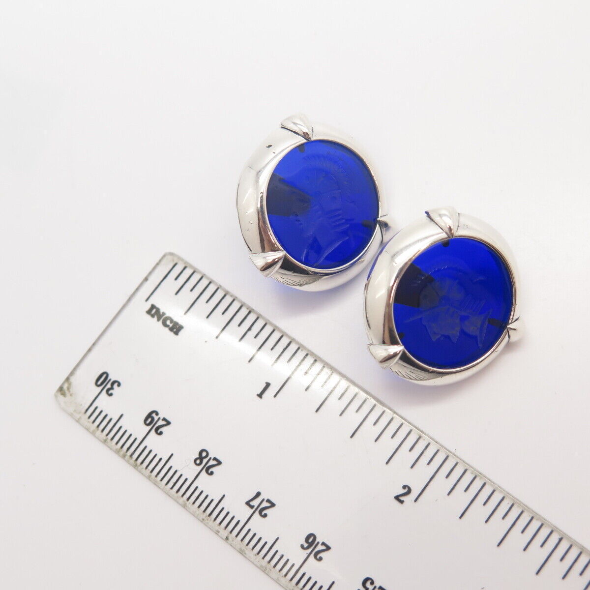 925 Sterling Silver Vintage Blue Glass Roman Soldier Earrings