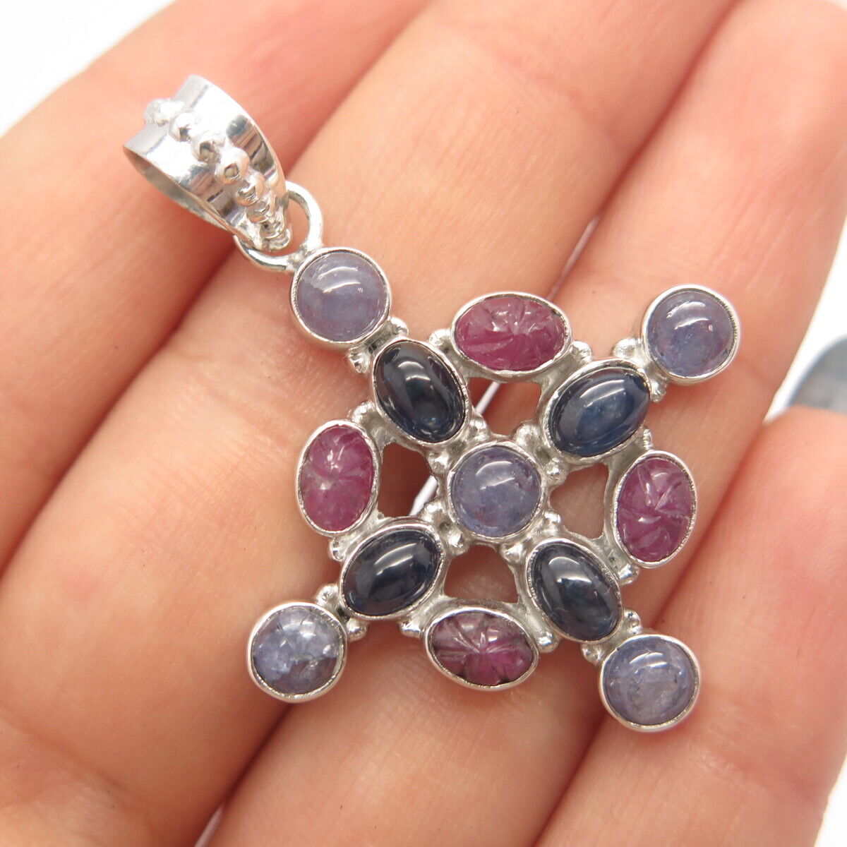 925 Sterling Silver Vintage Tanzanite Sapphire Ruby Gem Cross Pendant