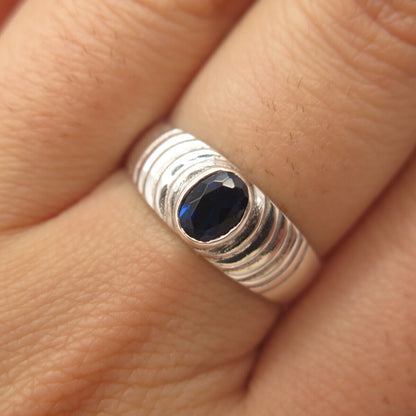 925 Sterling Silver Vintage Blue C Z Ribbed Ring Size 7 3/4