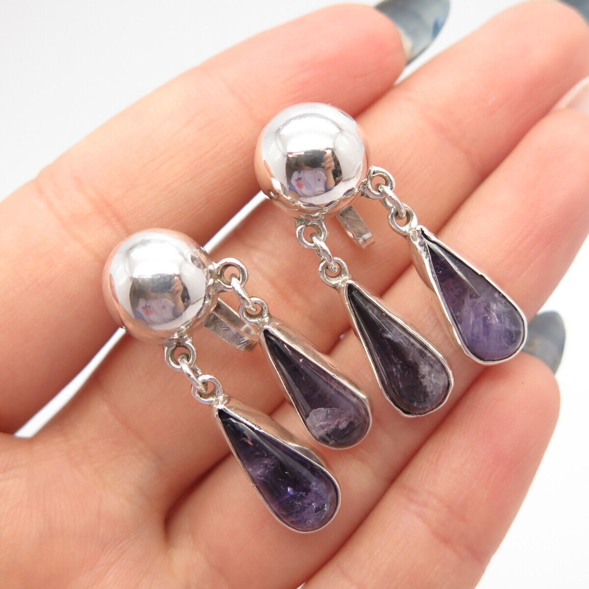 925 Sterling Silver Vintage Mexico Amethyst Gem Dangling Screw Back Earrings