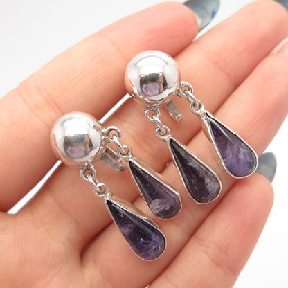 925 Sterling Silver Vintage Mexico Amethyst Gem Dangling Screw Back Earrings