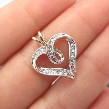 925 Sterling Silver 2-Tone Vintage Pave C Z Open Heart Slide Pendant