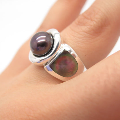 925 Sterling Silver Real Pearl & Abalone Shell Ring Size 6 3/4