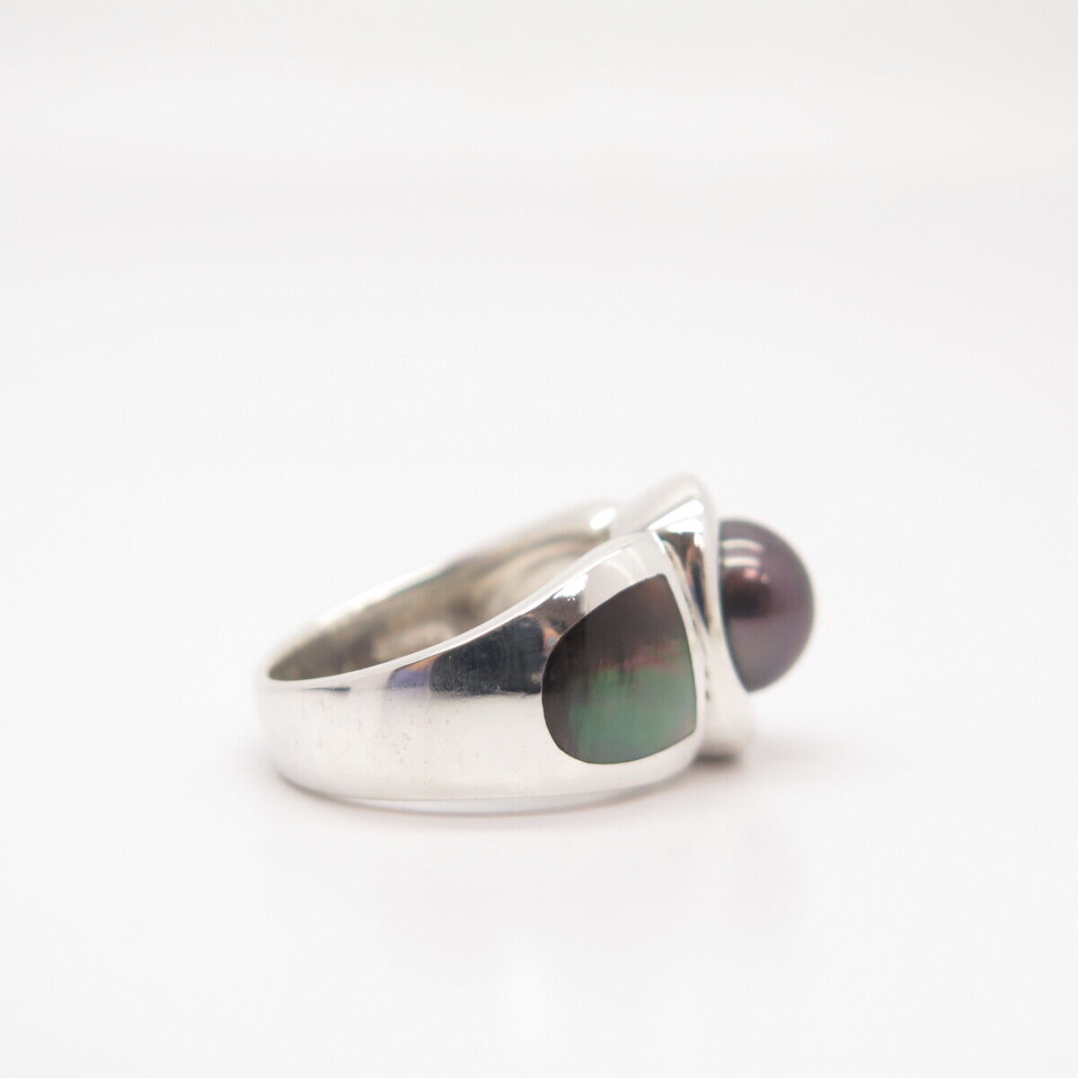 925 Sterling Silver Real Pearl & Abalone Shell Ring Size 6 3/4