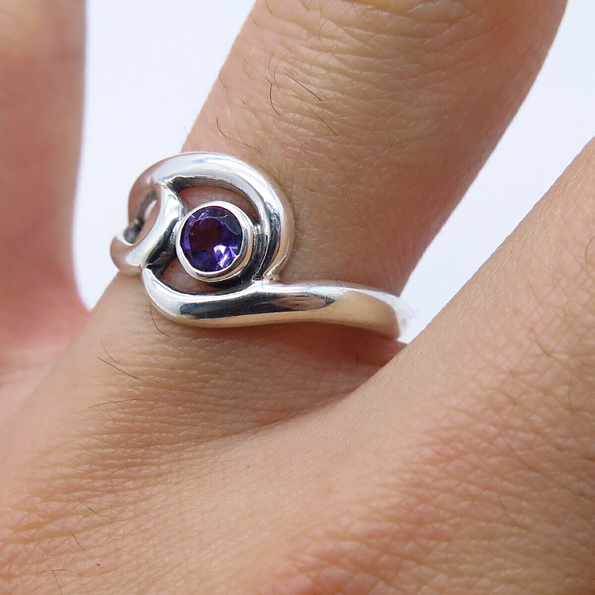 925 Sterling Silver Vintage Real Amethyst Gem Swirl Ring