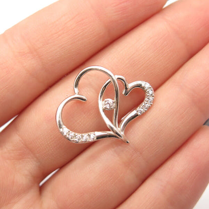 925 Sterling Silver Vintage C Z Couple of Heart Slide Pendant