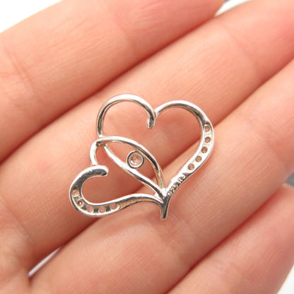 925 Sterling Silver Vintage C Z Couple of Heart Slide Pendant