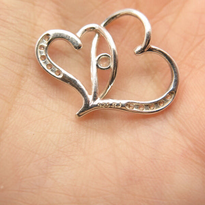 925 Sterling Silver Vintage C Z Couple of Heart Slide Pendant