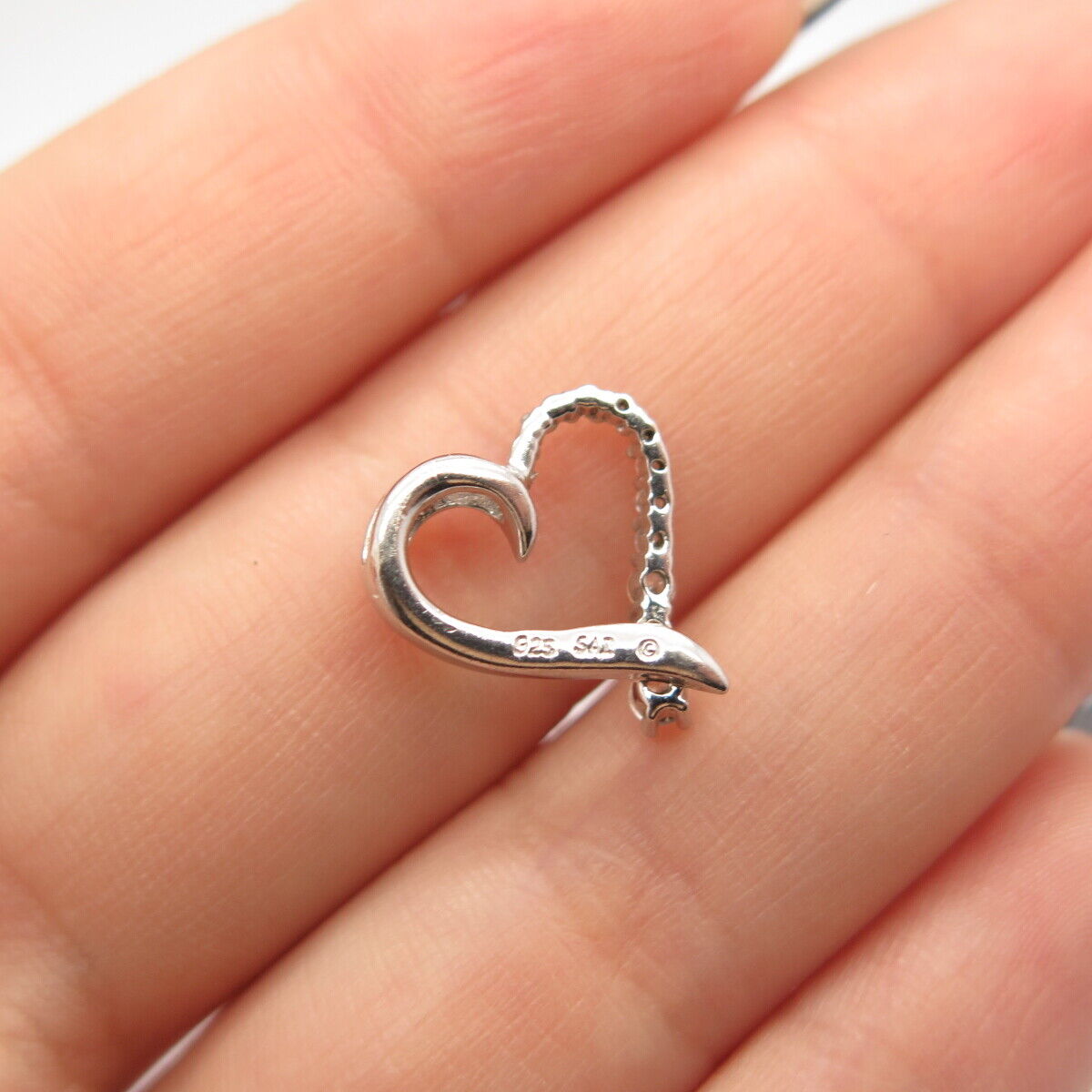 925 Sterling Silver Vintage C Z Open Heart Slide Pendant