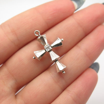 925 Sterling Silver / 14K Vintage Princess-Cut C Z Cross Movable Pendant