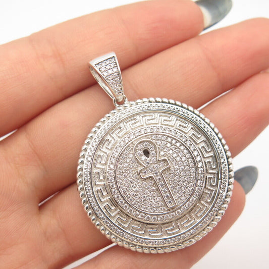 925 Sterling Silver Pave C Z Ankh Cross Greek Maze Pendant