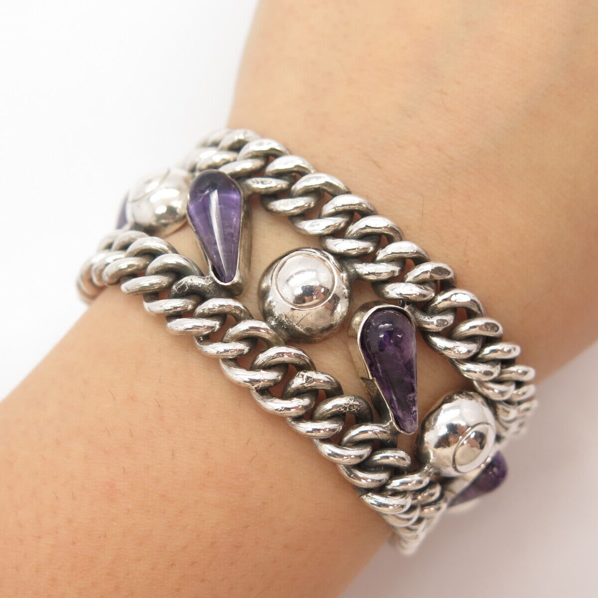 925 Sterling Silver Vintage Mexico Amethyst Gem Wide Cable Link Bracelet 6.25"