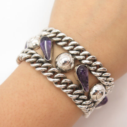 925 Sterling Silver Vintage Mexico Amethyst Gem Wide Cable Link Bracelet 6.25"