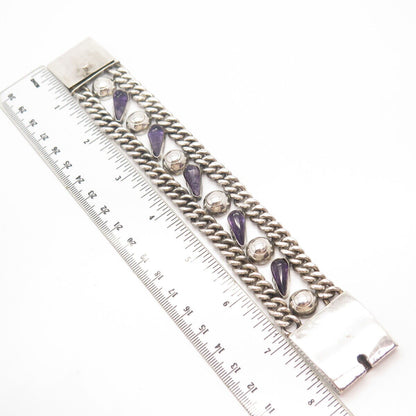 925 Sterling Silver Vintage Mexico Amethyst Gem Wide Cable Link Bracelet 6.25"