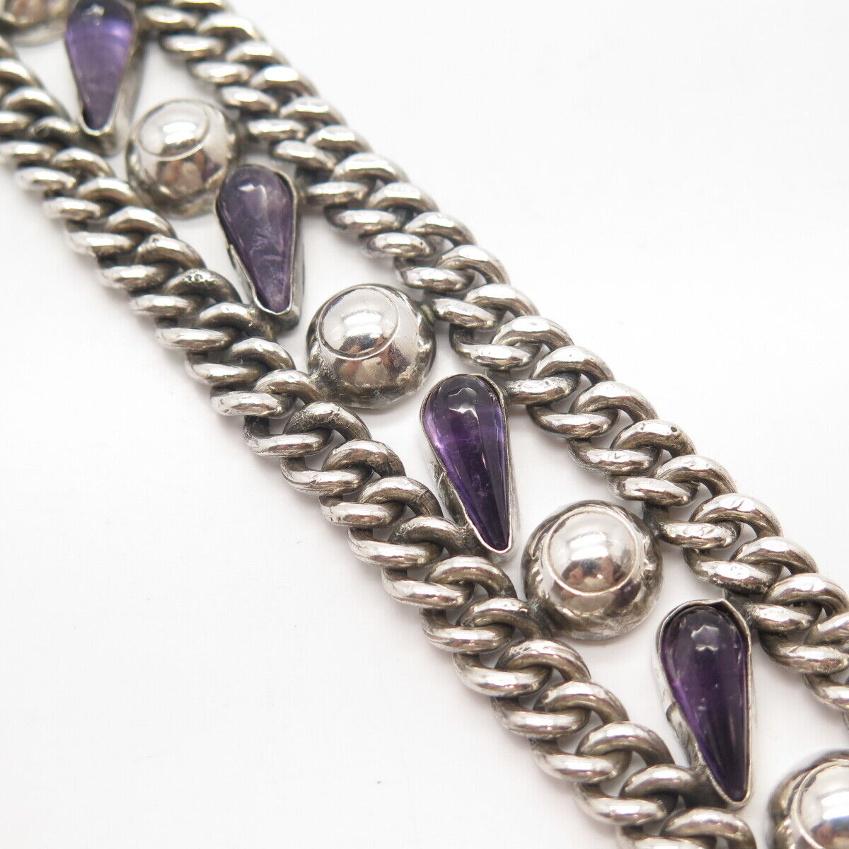 925 Sterling Silver Vintage Mexico Amethyst Gem Wide Cable Link Bracelet 6.25"