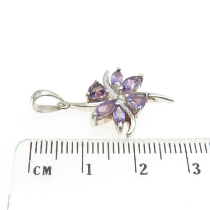 925 Sterling Silver Real Marquise & Triangle-Cut Amethyst Floral Pendant