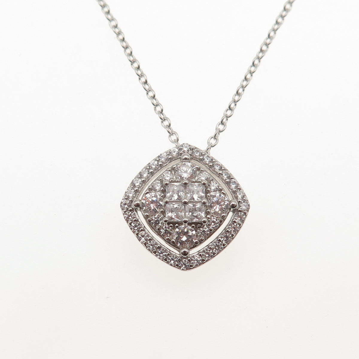 DEE BERKLE 925 Sterling Silver Princess & Round-Cut C Z Cable Chain Necklace 18"