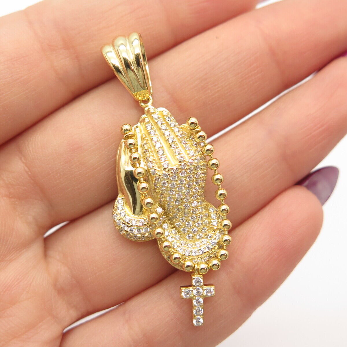 925 Sterling Silver Gold Plated C Z Hands in Prayer Cross Pendant