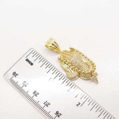 925 Sterling Silver Gold Plated C Z Hands in Prayer Cross Pendant