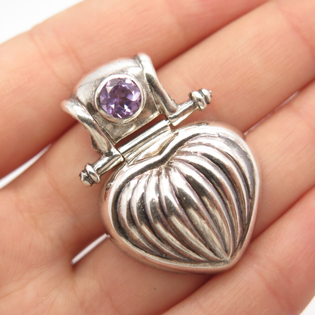 925 Sterling Silver Vintage Real Amethyst Gemstone Ribbed Heart Slide Pendant