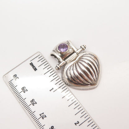 925 Sterling Silver Vintage Real Amethyst Gemstone Ribbed Heart Slide Pendant