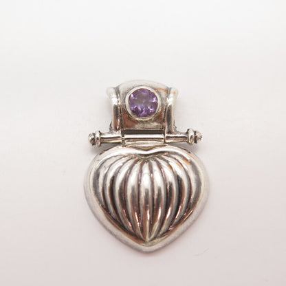 925 Sterling Silver Vintage Real Amethyst Gemstone Ribbed Heart Slide Pendant