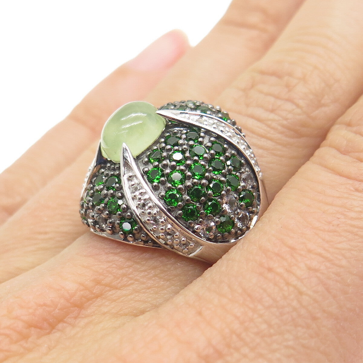 DSMK 925 Sterling Silver Real Prehnite Peridot & White Topaz Dome Ring Size 7.25