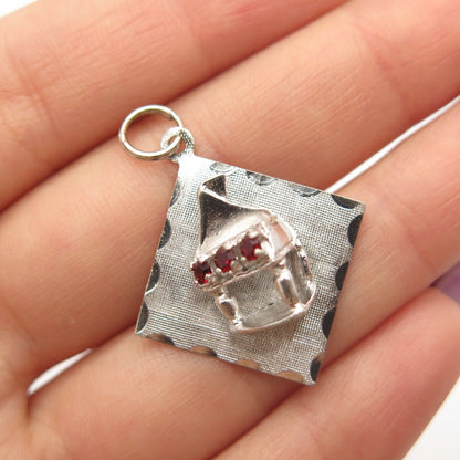 925 Sterling Silver Vintage Red Garnet-Tone C Z Textured Pendant