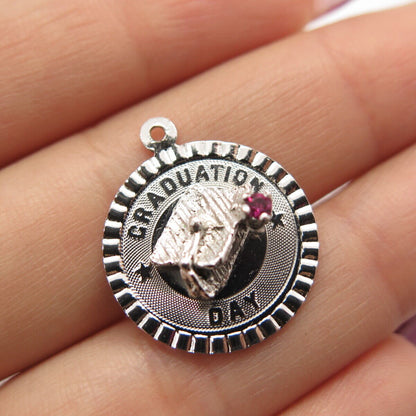 925 Sterling Silver Vintage Pink C Z "Graduation Day" Academic Cap Pendant