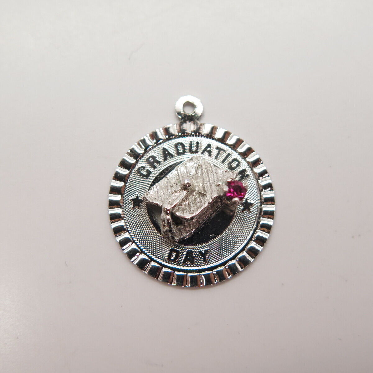 925 Sterling Silver Vintage Pink C Z "Graduation Day" Academic Cap Pendant